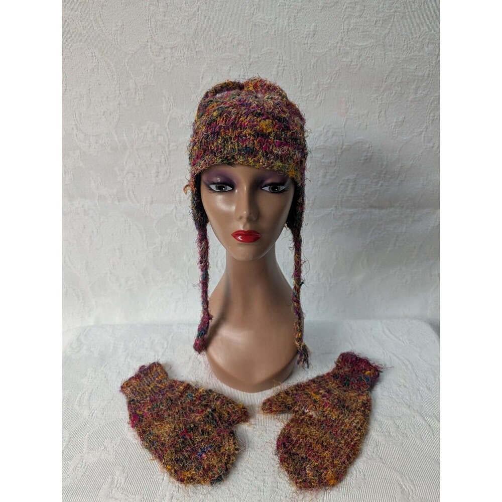 Nepal Silk Woven Beanie Gloves Handknit Multicolor Tassels Fleece Boho Hippie
